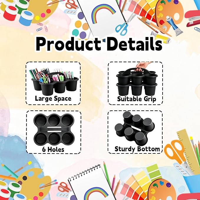 6 Pack Classroom Caddy Organizer with Handle Black Plastic Table Caddy 6 Compartments Storage Cup Holder for School Supplies Art Crafts Crayons Pencils Stackable Desk Caddy for Office Home