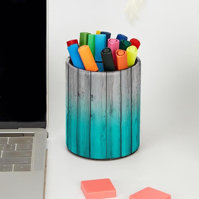 Pen Pencil Holder for Desk, Teal Rustic Wood Panels Makeup Brush Holders Leather Pen Organizer Pencil Caddy for Office Home Art Supply