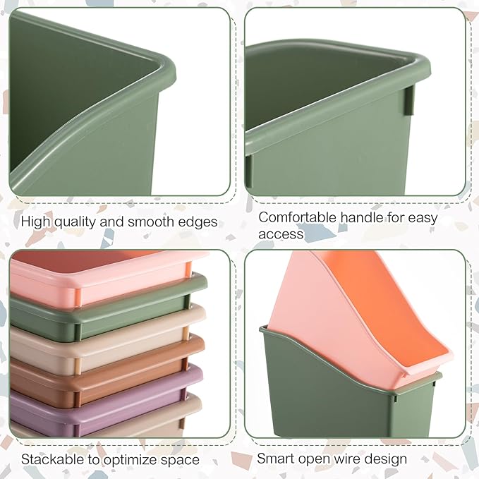 Geetery 12 Pcs Book Bin for Classroom with Labels Stackable Plastic Organizing Bins 11.5 x 5.4 x 7.5 in Book Holders Storage Bins Box Baskets for Classroom Library Home (Terrazzo Color)