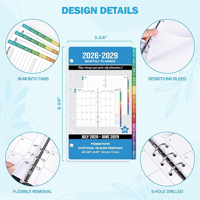 2026-2029 Monthly Planner Refills: 36 Months A6 Planner Inserts for 6-Ring Binder, July 2026 - June 2029, 6-Hole Punched A6 Binder Inserts, Calendar Inserts with Monthly Tabs, 3-3/4" x 6-3/4"