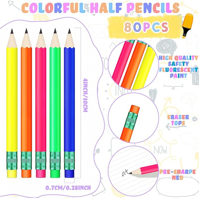 Nezyo 80 Pcs Mini Golf Pencils with Eraser 2 HB 4 Inch Half Pencils Hexagon Pre-sharpened Color Pen for Bridal Wedding Classroom School Office(Neon Color,Classic Style)