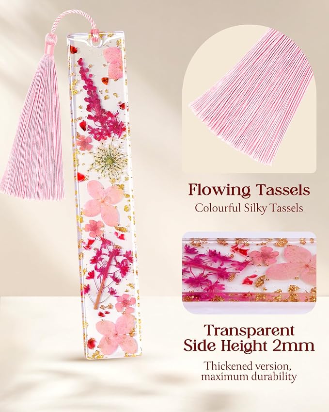 Buleens 4PCS Bookmarks for Women- Book Marks for Readers Book Lovers, Personalized Handmade Dried Flower Resin Bookmark with Tassels, Pretty and Aesthetic