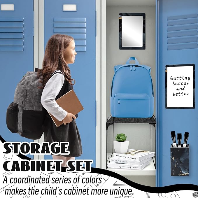 Demonwer 9 Pcs Locker Accessories Kit Black Locker Organizer Magnetic Whiteboard Mirror Pen Holder Pen for Storage Organizing Shelf Back to School Party Supply