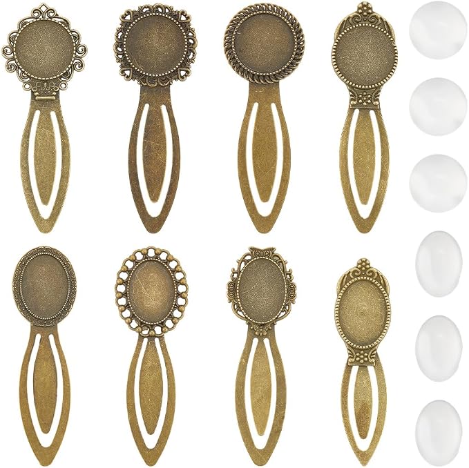 SUNNYCLUE 1 Box 16pcs 8styles Blank Metal Bookmarks Bulk Antique Bookmark Glass Cabochon Vintage Alloy Antique Bronze Books Reading Page Markers Kits for Women Birthday Party Gifts DIY Accessories