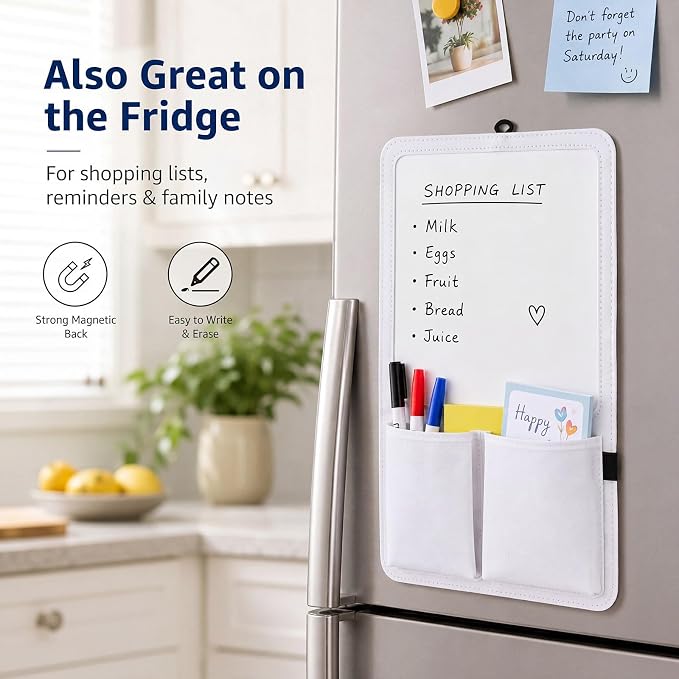 Briwooody Magnetic Locker Organizer 7.8 x 12.6 Inch Locker Accessories Magnetic White Board with Holder Bag Back to School Holder Bag First Day of School Supplies for Cabinet Refrigerator(White)