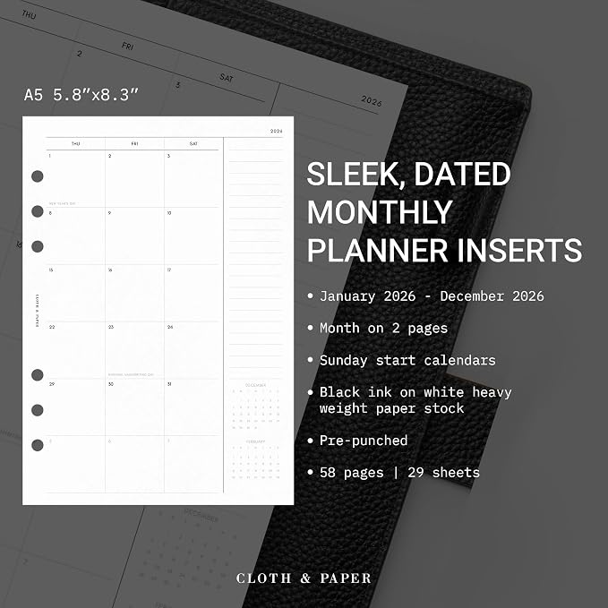 Cloth & Paper 2026 Monthly Planner Inserts | A5 Size 5.8 x 8.3 Inches | 6 Hole Punched Agenda Refills | Sunday Start, 84 Pages | Minimalist Monthly Organizer Pages | Heavyweight Paper