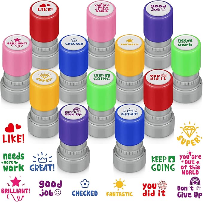 Geyee 12 Pack Teacher Stamps for Grading Colorful Self Inking Motivational Grading Stamps Christmas Teacher Gifts Funny Encouraging Teacher Stamps for Homework Teacher Supplies