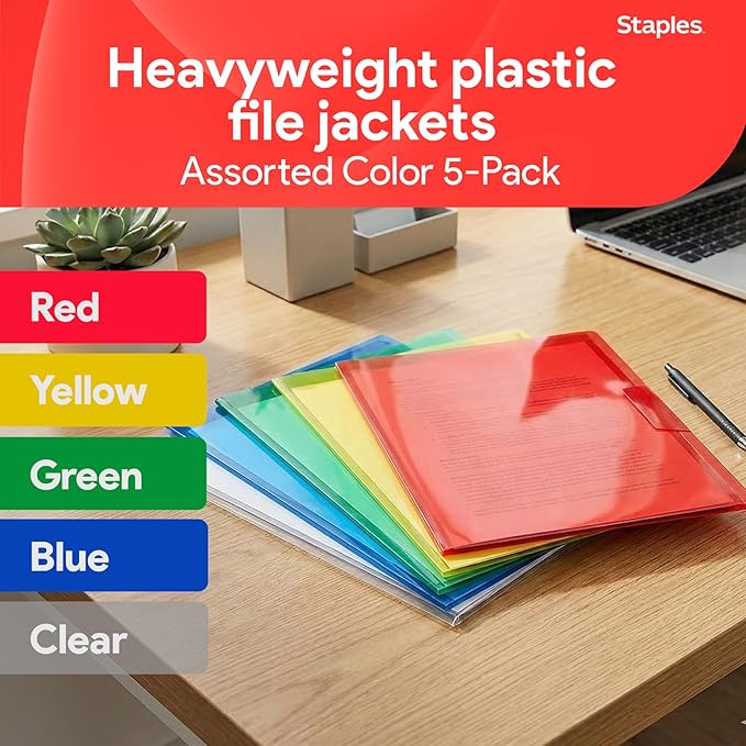 Staples Poly Project Jackets, Clear‑Front Document Sleeves, Letter Size, Durable Poly Construction, Assorted Colors – 5/Pack