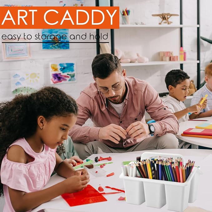 ALINK Classroom Caddy Storage Basket with Handle, 6 Pack Plastic Arts Office Crafts Caddy 4 Compartments for Kids, Pencil, Crayon, Marker, School Supplies - White