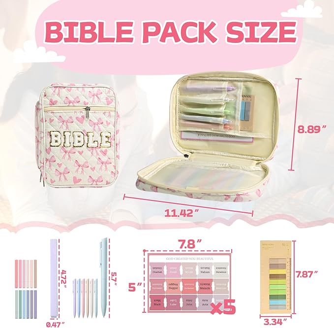 Bible Cover Case for Women Large Chenille Letter Bible Bag with Handle Quilted Bible Carrying Case for Girls Bible Study Supplies Accessories (Pink Bow)