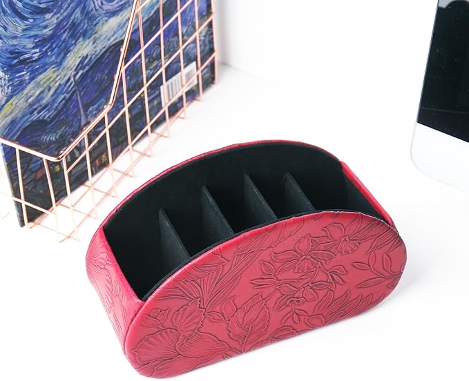 Remote Control Holder, PU Leather Remote Caddy Desktop Organizer with 5 Spacious Compartments for TV Remotes/Media Controllers/Office Supplies (1-Carved Red