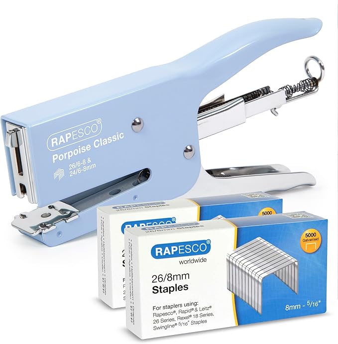 Rapesco 1355A Porpoise Classic Stapling Plier with 10.000 Staples, Type 26 Standard 5/16", 45 Sheet Capacity, Uses Type 26 Standard and Type 24 High-Capacity Staples, All Metal, Powder Blue