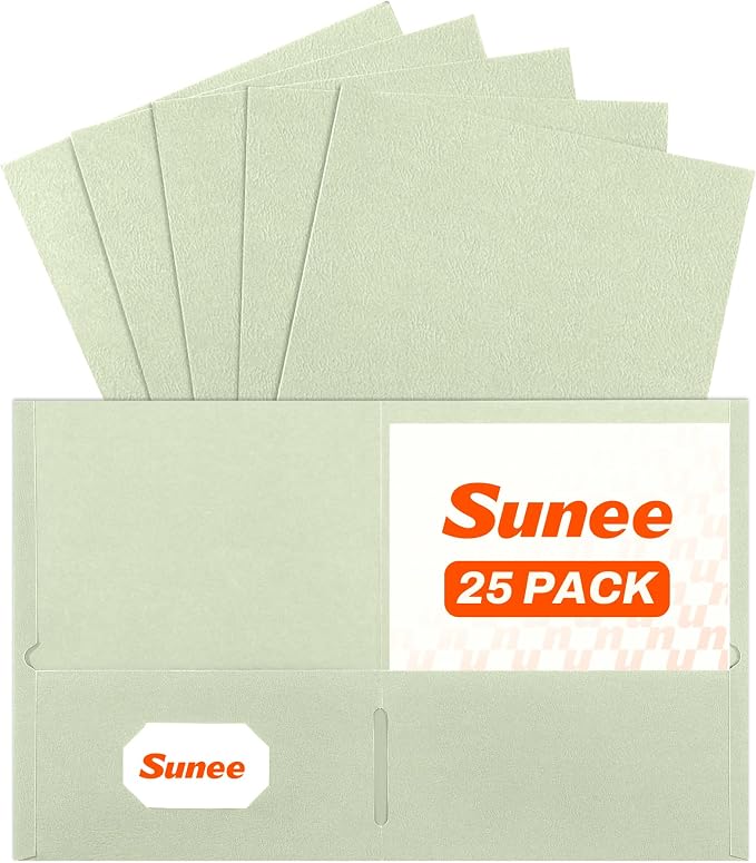 SUNEE Folders with Pockets (25 Pack, Grayish Green), 2 Pocket Folders Fit Letter Size, Paper File Folder for School Office Home Business, Textured Paper