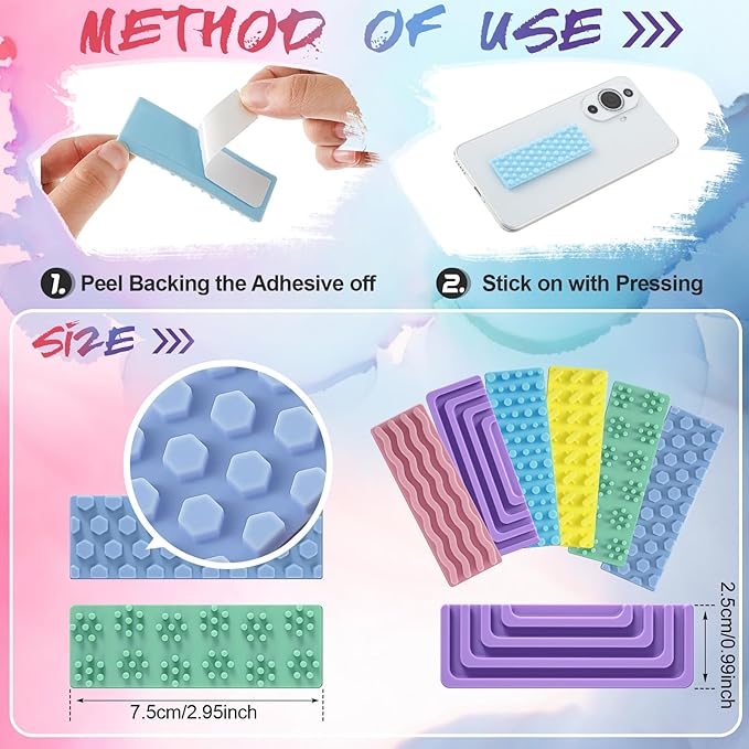Ireer 6 Pcs Textured Sensory Stickers Silicone Calm Stickers Thick Sensory Strips Different Textures Mental Health Desk Fidget Decals for Anxiety Relief, Autism, ADHD Desk Gift