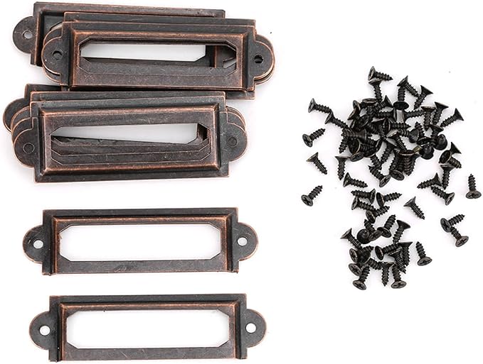 20PCS Metal Drawer Label Holders, Retro Exquisite File Cabinet Label Frames Card Tag Label Holder with Screws for Office Drawers Shelves (Reddish Bronze Color)