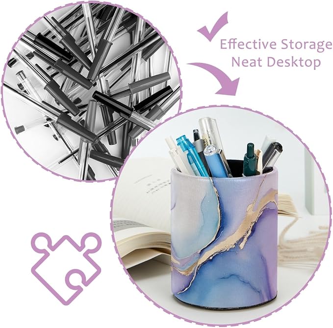 Leather Pen Holder for Desk, Pink Blue Marble Makeup Brushes Holder Pencil Cup Multifunctional Desktop Organizer Caddy for Home School Office Desk Accessories