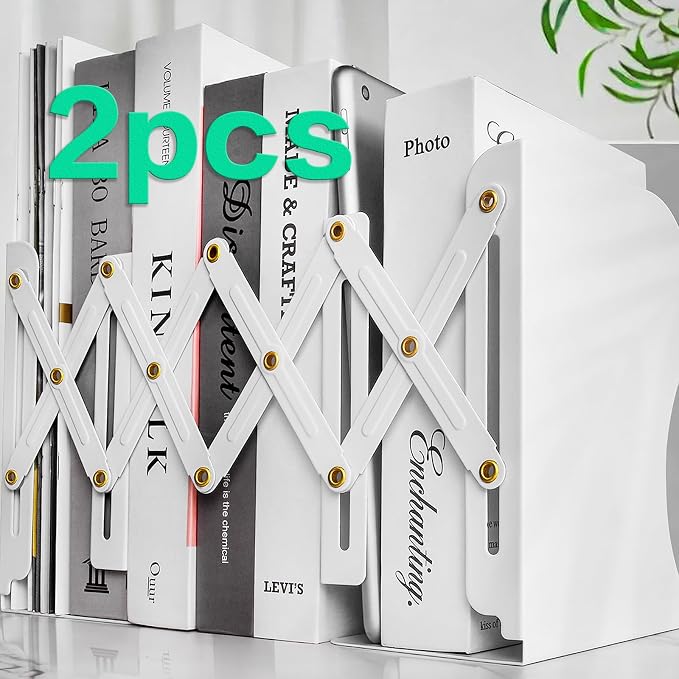 2PCS Heavy Duty Book End to Hold Books, Adjustable Bookends Book Holder for Shelves, White Book Organizer for Desk, Sturdy & Flexible - Metal Book Ends Binder Holder for Tabletop