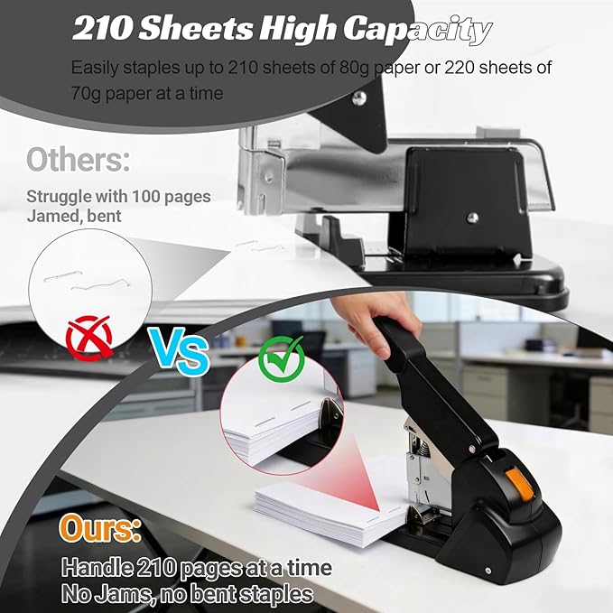 AFMAT Heavy Duty Stapler, 210 Sheet Staplers for Desk with 7000 Staples, Jam-Free, 50000+ Uses, 60% Reduced Effort, Easy Reload, Adjustable Paper Guide, Large Metal Manual Office Staplers, ES15