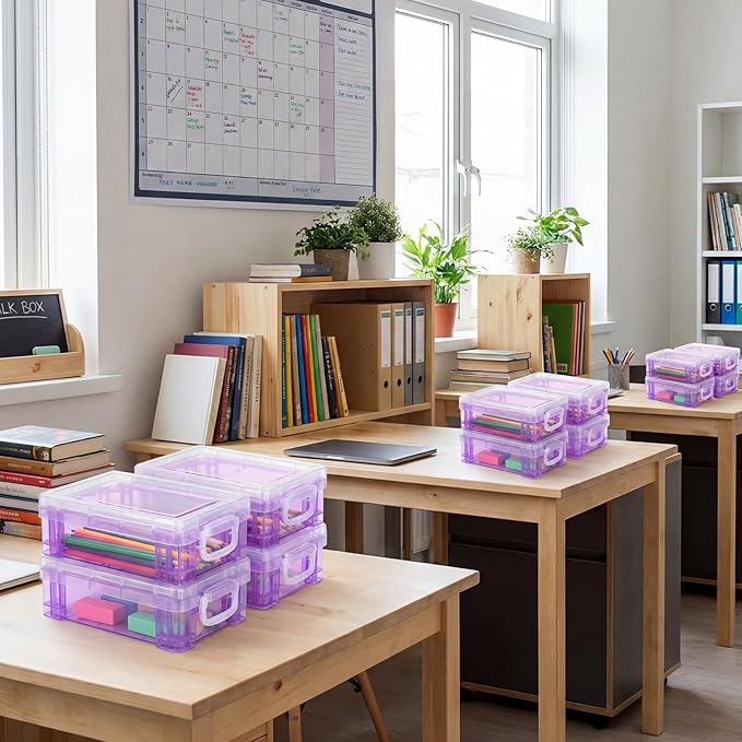 Suzile 40 Pcs Plastic Crayon Boxes Holds 24 Crayon with Snap Lid Storage Container Clear Stackable Case for School Office Classroom Supplies Pen Pencil Craft(Purple)