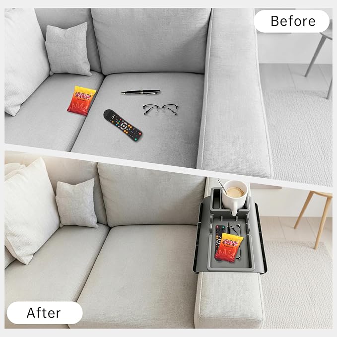 2PCS Couch Cup Holder Tray, Silicone Sofa Armrest Tray with Side Pockets, Anti-Slip Couch Arm Organizer Storage for Cell-Phone Tablet or Snack Remotes (Gray)