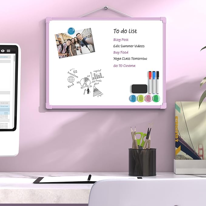 MaxGear Double-Sided Dry Erase Board for Wall, 16"x12" Hanging Whiteboard, Small Dry Erase White Board kit, Portable Whiteboard for Planning, Drawing, Memo, to Do List, Purple Frame