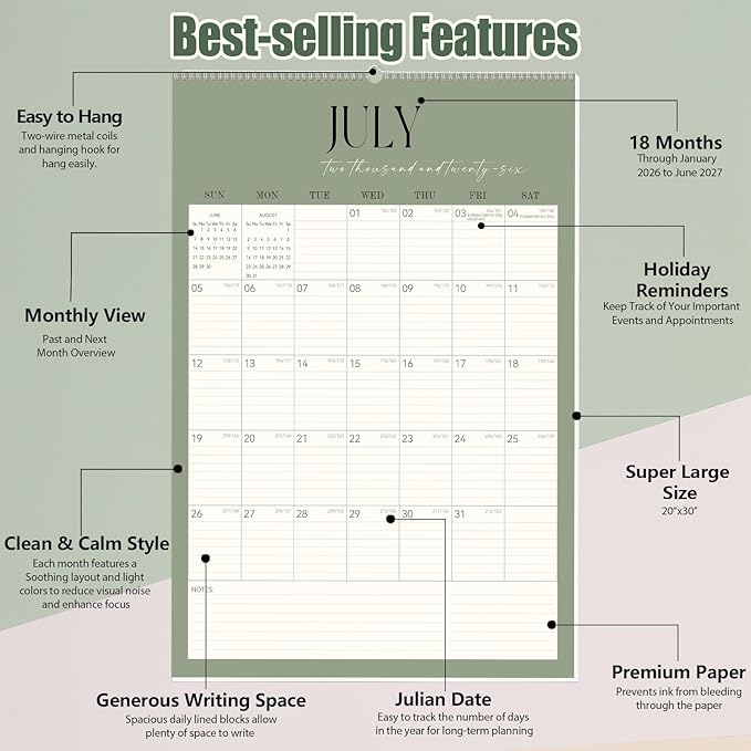 GuassLee Extra Large Wall Calendar 2026-2027,20"x 30" Vertical Jumbo Desktop/Wall Calendar from Jan. 2026 to Jun. 2027,18-Month Hanging Planner with Julian Date for Office Home Organizing