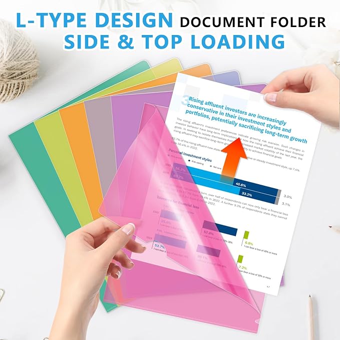 HOUYEE 12 Pack Clear Document Folders, L-Type Plastic File Folder Sleeves, Project Folders Paper Sheet Protectors for 8.5" x 11" Letter Size, for Home, Office, and School Use (6 Assorted Colors)