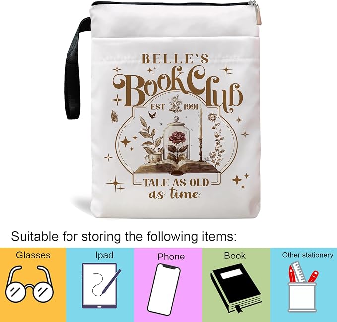 Tale As Old As Time Belle's Book Sleeve, Book Covers with Zipper, Book Lovers, Book Pouch Kindle Protector, Gifts for Women Teacher Librarian Bookworm Bookish (White-C, Large)