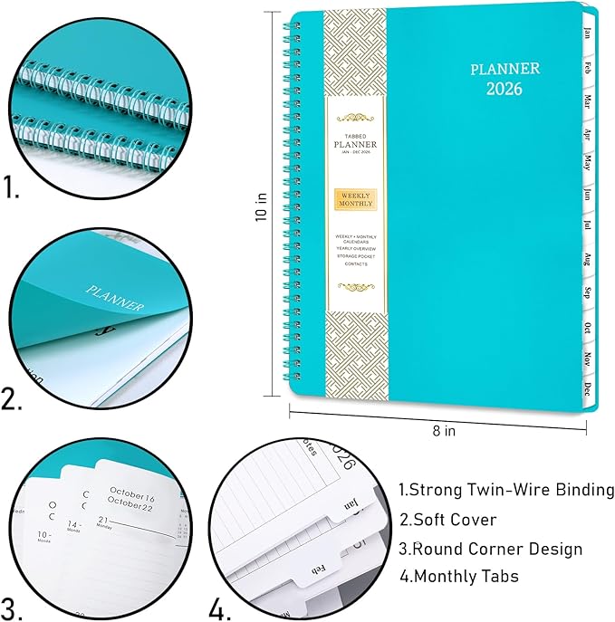 Planner 2026-2027 - 2026 Planner(January - December 2026), 8" x 10", Calendar Planner 2026, 2026 Planner Weekly and Monthly Spiral Bound, Flexible Cover, To-Do List, 12 Monthly Tabs