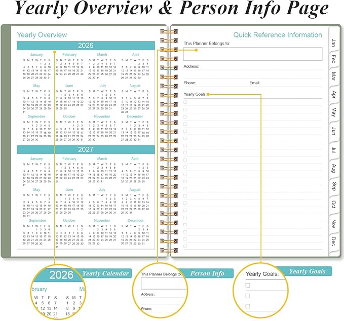 2026 Planner - Weekly and Monthly Calendar Planner from Jan 2026 - Dec 2026, Planner 2026 Spiral Bound with 12 Monthly Tabs, Inner Pocket, Perfect for School Office Supplies, 6.4" x 8.5", Green