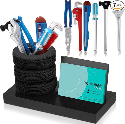 Feifeiya 7 Pcs Tire Pen Holder Tire Shape Funny Desk Accessories Include 6 Pcs Novelty Tool Car Business Card Holder Gift for Men Father's Day Mechanic Car Lover Salesman(Black,Wood)
