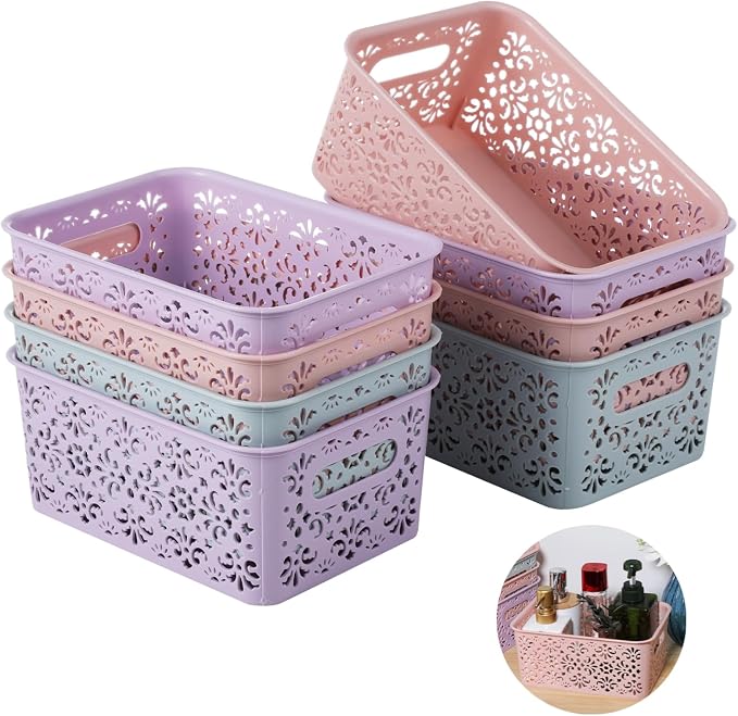 8 PCS Plastic Storage Baskets, Bathroom Basket Organizers with Handle, Portable Hollow Storage Baskets, Stackable Bins for Home Bathroom Office School Flower Pattern
