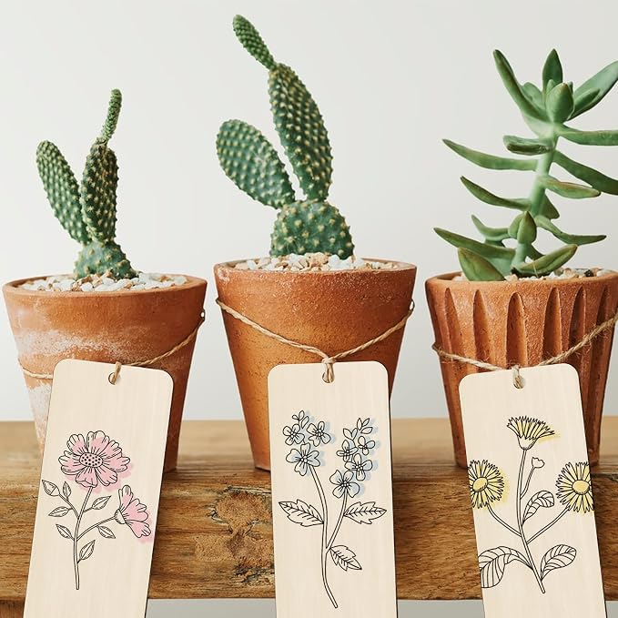 120 PCS Wood Blank Bookmarks Set - Unfinished Wooden Bookmarks with 10m Rope, Hanging Labels for Crafts and Decorations
