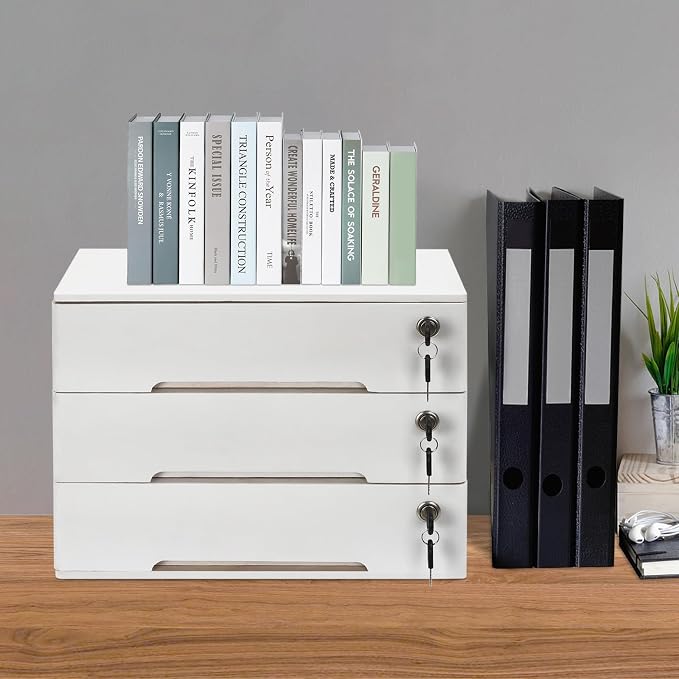 Desktop Wooden Storage Organizer, 3-Drawers Desk Storage Box With Lock, Night Stand Table Organizer, Stackable Wooden Tool Box for Home Office, No Assembly Required