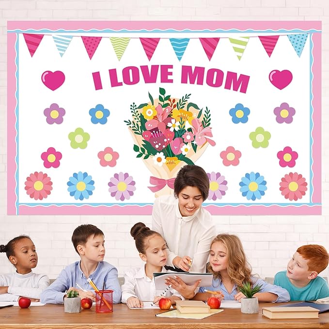 QOUBAI Mother's Day Bulletin Board Set I Love Mom Classroom Bulletin Board Decorations Mothers Day Flower Heart Cutouts Classroom Decorations for Preschool Nursery Toddler Kids Spring Decor Wall Door