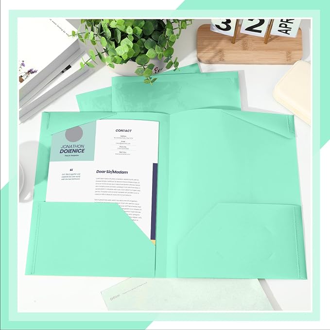 Henoyso 36 Pack Light Green Plastic Folders with Clear Front Pockets Heavy Duty File Folders with 2 Pockets and Card Slot for Student Communication School Office Presentation Report