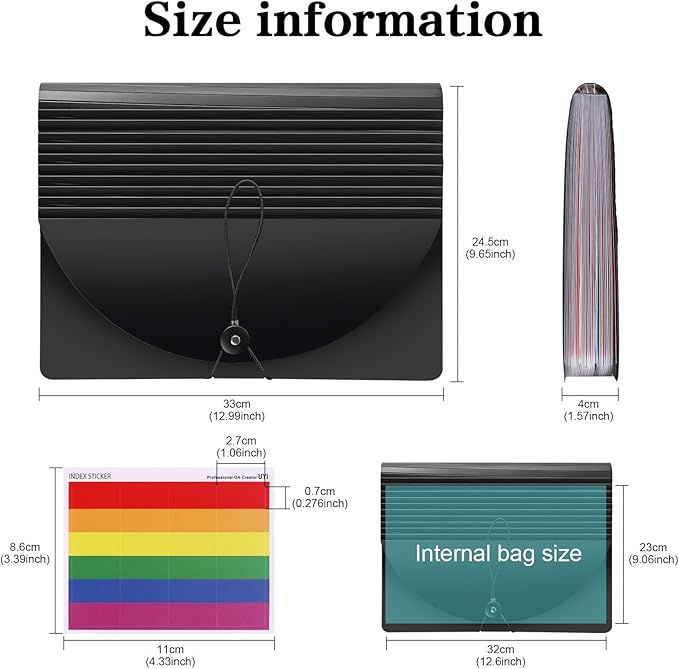 37-Pocket Expanding File Folder with Labels, A4/Letter Size Accordion Document Organizer, Portable Black Folder for Office, Travel, Business, School & Home