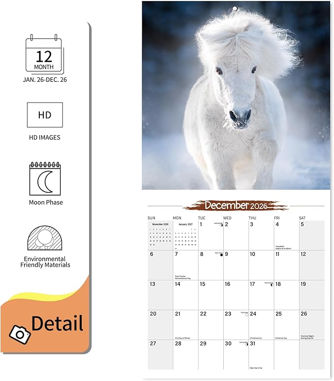 2026 Wall Calendar Horse Planner Calendar, Hangable Monthly Wall Calendar with Large Blocks for Organizing & Planning, Academic Schedule, Home, Office & family, Thick & Sturdy Paper (12"x24" Open)