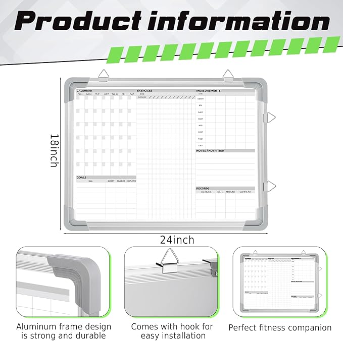 Lincia 24 x 18 Inch Fitness Tracker Whiteboard Workout Calendar for Home Gym Dry Erase Planner Hanging Removable to Do List for Wall Whiteboard with Aluminum Frame for Gym Program Christmas(Style C)