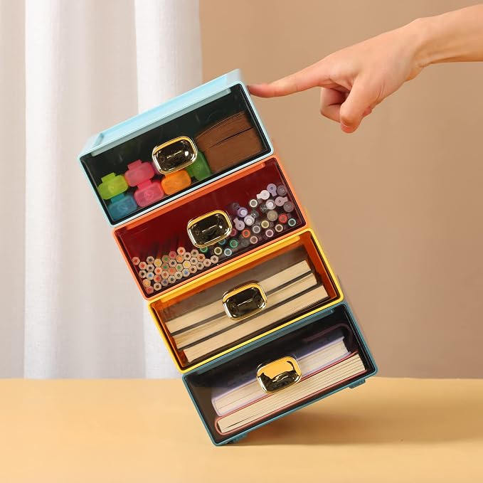 Spacious Desk Drawers, Stackable Desktop Organizer, Plastic Storage Box for Office, School & Home Supplies (2 Middle Drawers, CYAN)