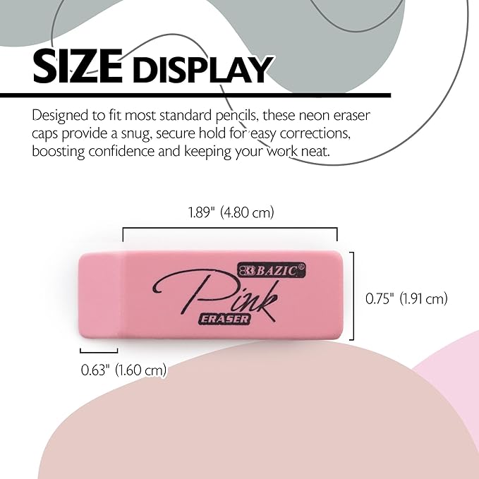BAZIC Products Pink Eraser, Latex Free Bevel Block Erasers, Large Size for Classroom, Office, and Art Use, Smooth Pencil Correction for Writing, Sketching, & Daily Tasks, 12/Pack, 12-Pack