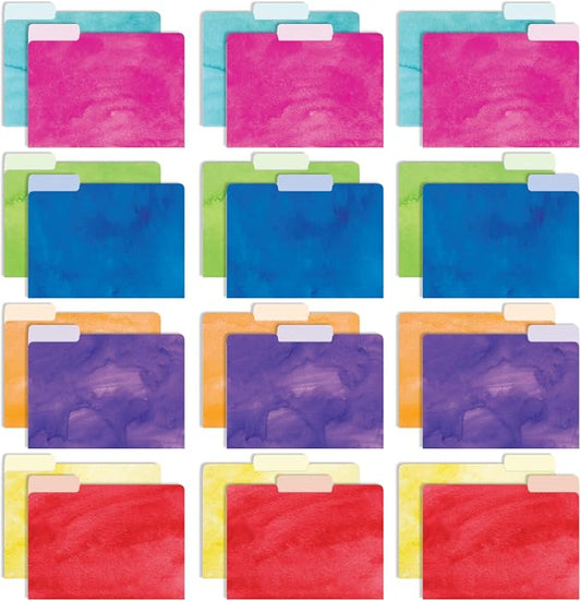 Global Printed Products Deluxe Designer Printed File Folders, 1/3 Cut Tab, Assorted Positions, Letter Size, 24/pk (Watercolor Solid)