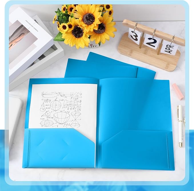 Gueevin 100 Pack Plastic Folder with Pockets, 2 Pocket Folders, Plastic Glossy Folders Fit Letter Size Paper, Heavy Duty Durable File Folder with Business Card for Home Office School (Lake Blue)