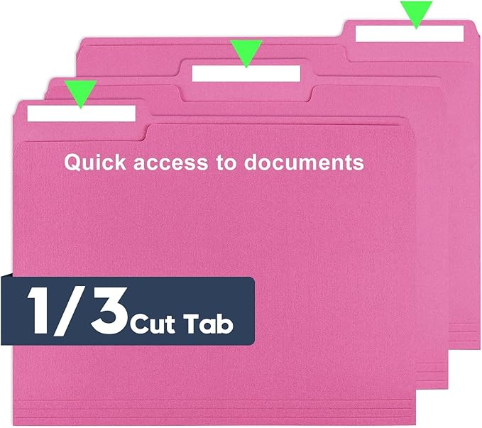 File Folders,150 Pack Letter Size Colored File Folders,8.5" x 11",1/3 Cut Tab Folder,Bulk Durable Paper Folders with Blank Labels for Office Business School Home Use,Bright Pink