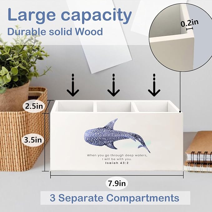 SNNDER Whale Shark Christian Pen Holder for Desk, Christian Gifts for Women Men, Inspirational Bible Verses Isaiah 32:2 Wooden Pen Pencil Holder Organizer for Home Office Desk Accessories