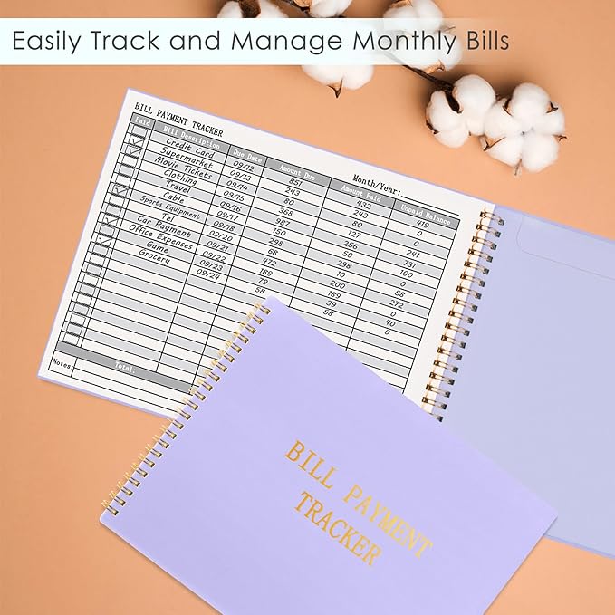 HAUTOCO Bill Tracker Notebook Monthly Bill Payment Tracker for Personal Budgeting Home Financial with 2 Storage Pocket, Payments Checklist Organizer Bill Planner 10.1 x 7.8'', Purple