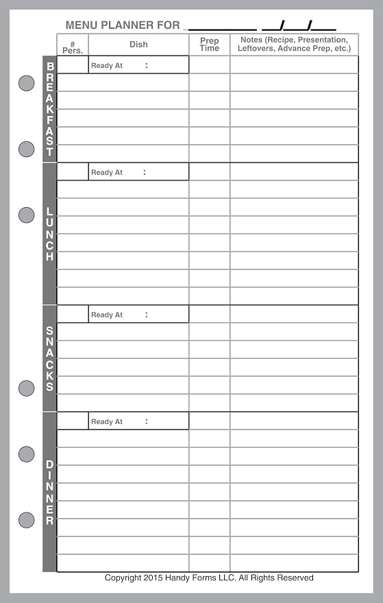 Personal-Wide Sized Menu Planner and Shopping List, Sized and Punched for Personal-Wide Notebooks (4.75" x 6.75")