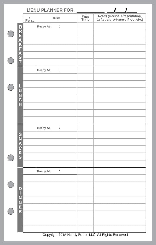 Compact Size Menu Planner and Shopping List, Sized and Punched for Franklin Covey Compact and Other Notebooks (4.25" x 6.75")