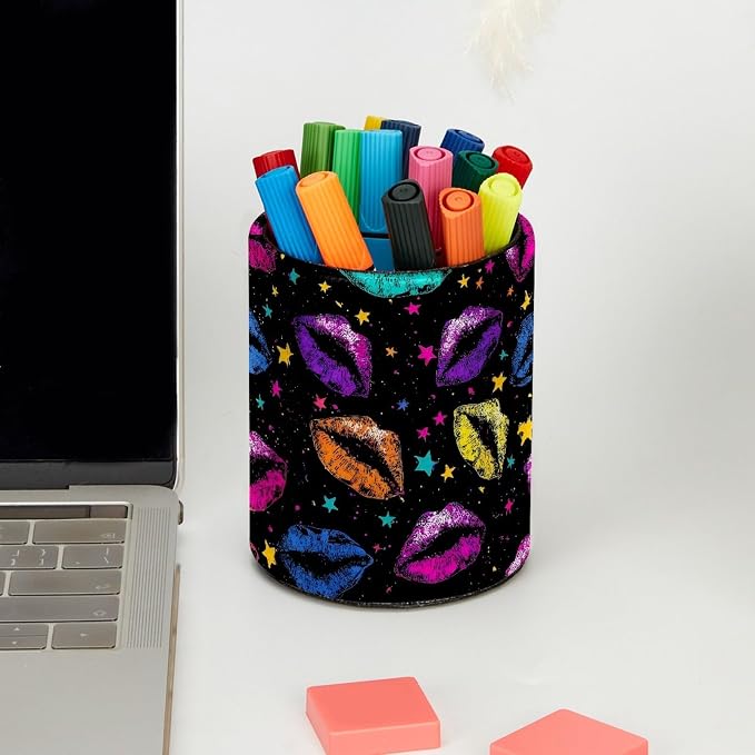 Colorful Lips Leather Pen Holder for Desk, Multifunctional Desktop Organizer Pencil Cup, Desktop Caddy Stationery Organizer for School Home Office Desk Accessories