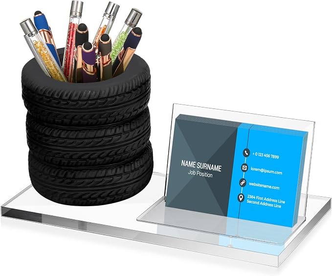 Sherr Tire Shaped Pen Holder Business Card Tire Shape Arylic Stationery Set Automotive Business Card and Car Salesman Pen Holder Office Desk Organizer for Men Cool Mechanics Gifts Car Lover(Clear)